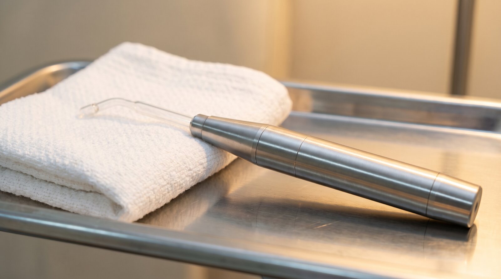 Handstück mit Glasapplikator für die Ozontherapie auf sterilem Tablett